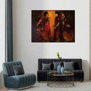 Sachin Sagare's 'Converse' painting visualized above a sofa in a contemporary room.