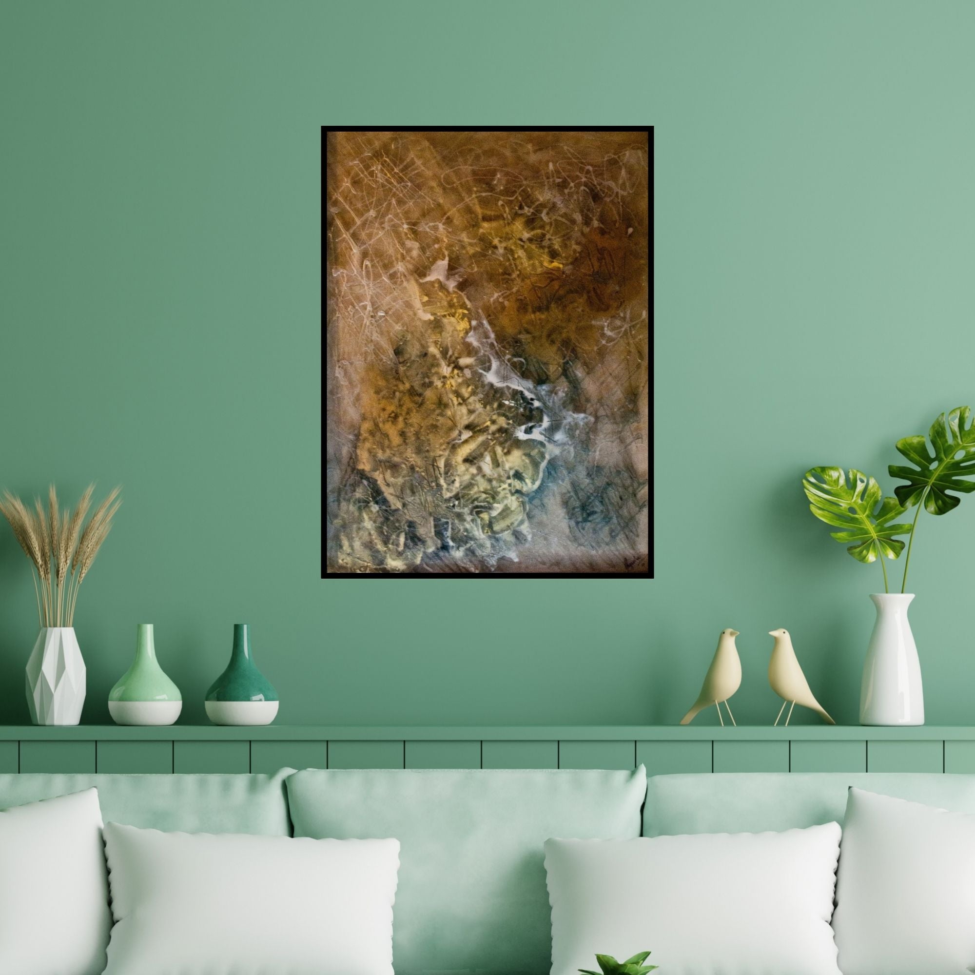 Preview of 'Copper' Painting by Shuchi Khanna shown on a wall in a furnished room.