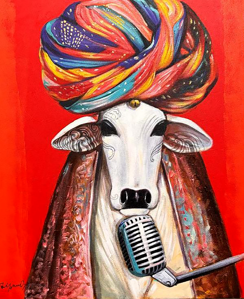Cosmic Cow' animals acrylic painting by artist Jjiban Biswas, 24x20 inch, on canvas