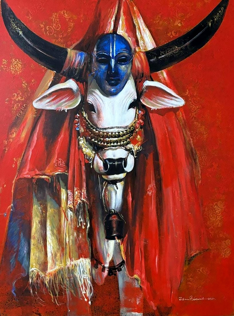 Cosmic Cow 3' animals acrylic painting by artist Jiban Biswas, 48x36 inch, on canvas