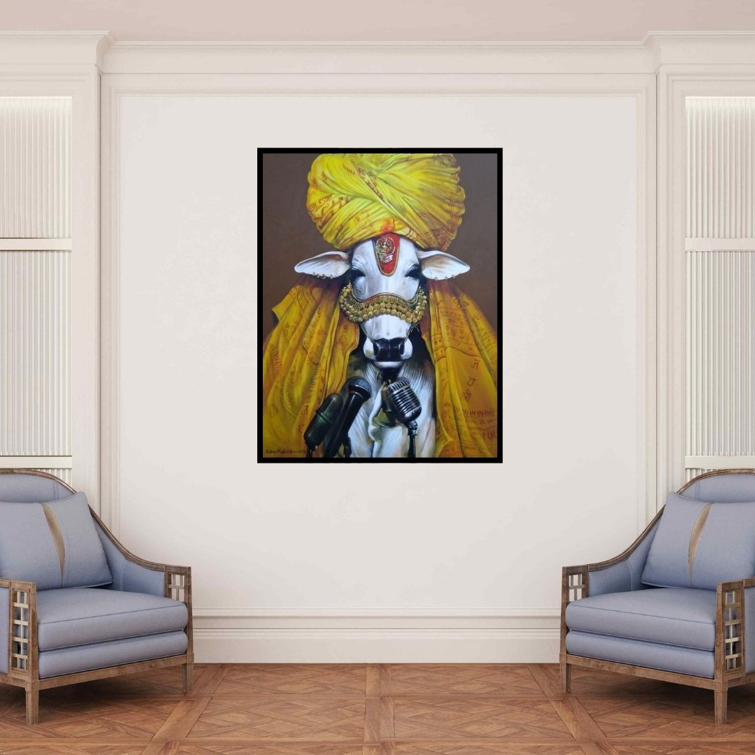 In-situ view of Jiban Biswas's 'Cosmic Cow (The Sacred Performer)' painting in a room