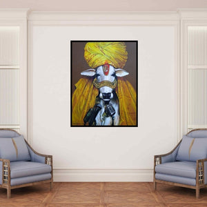 In-situ view of Jiban Biswas's 'Cosmic Cow (The Sacred Performer)' painting in a room