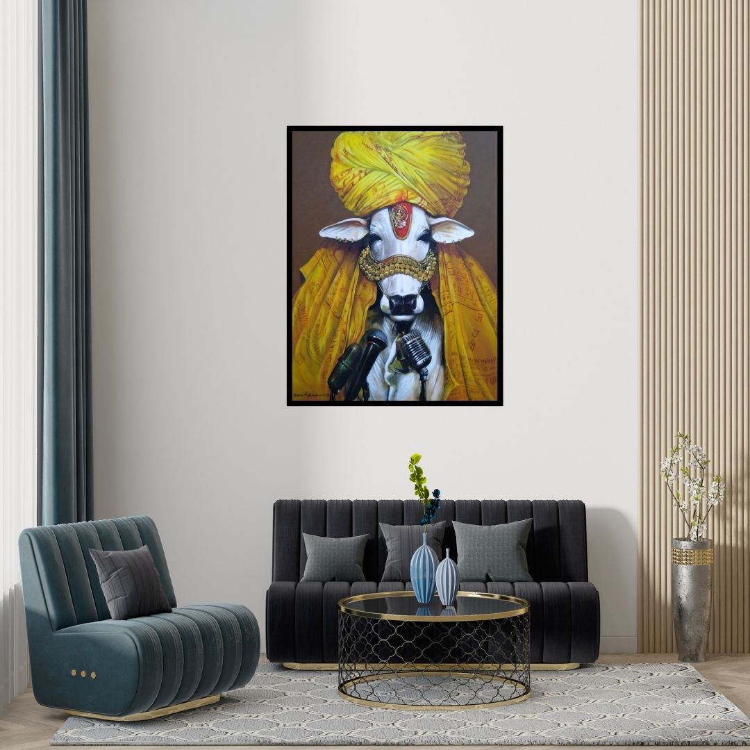 Preview of 'Cosmic Cow (The Sacred Performer)' Painting by Jiban Biswas shown on a wall in a furnished room.