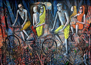 Country Road Travel (A Journey Through Time) by Ranjith Raghupathy, Original Acrylic Figurative Painting on Canvas, X-Large Horizontal Wall Art