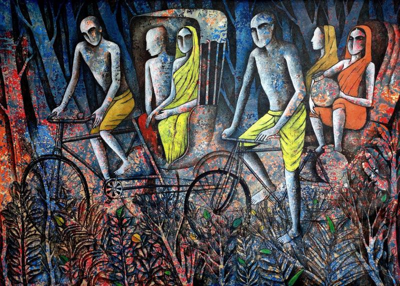 Figurative acrylic painting titled 'Country Road Travel', 48x68 inches, by artist Ranjith Raghupathy on Canvas