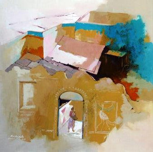 Country Side Iii (Village Gateway) by Sikandar Mulla, Original Postercolor Nature Painting on Paper, Small Square Wall Art