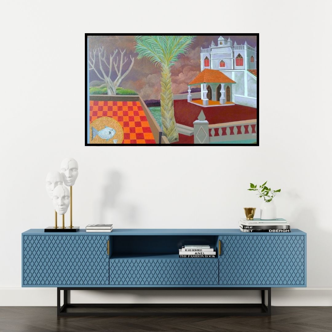 Preview of 'The Countryside (Diptych)' Painting by Shripad Gurav shown on a wall in a furnished room.