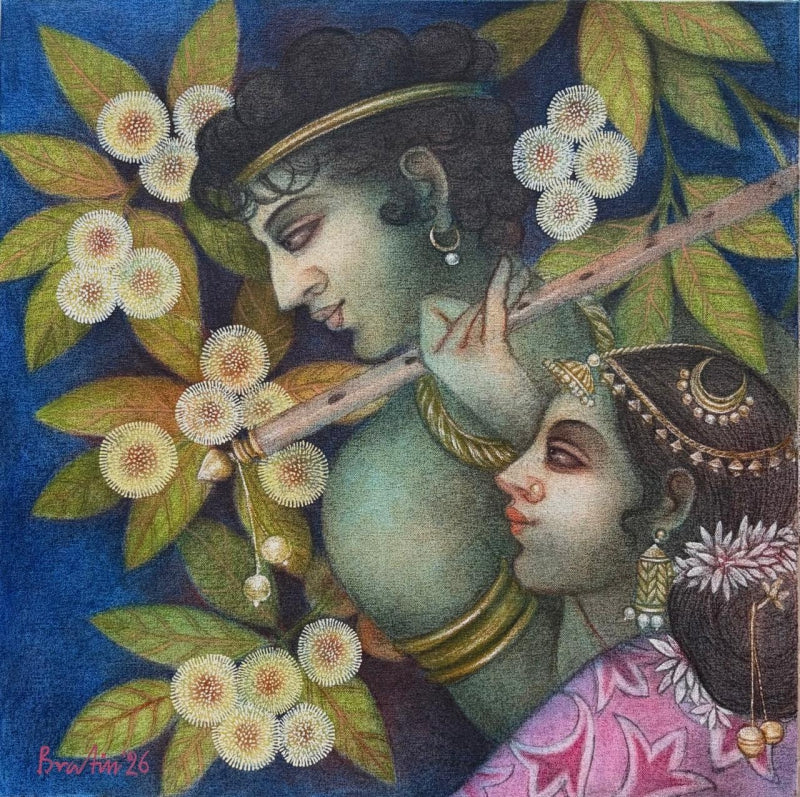 Couple 1' figurative tempera painting by artist Bratin Khan, 24x24 inch, on canvas
