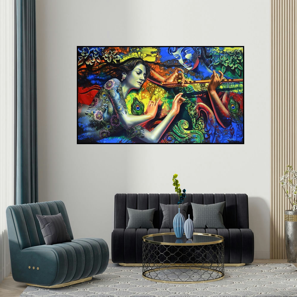 Prashanta Nayak's 'Couple 1' painting visualized above a sofa in a contemporary room.