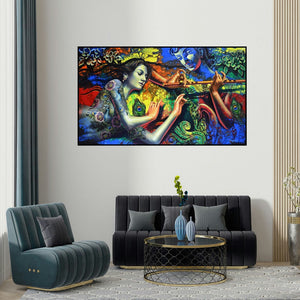 Prashanta Nayak's 'Couple 1' painting visualized above a sofa in a contemporary room.
