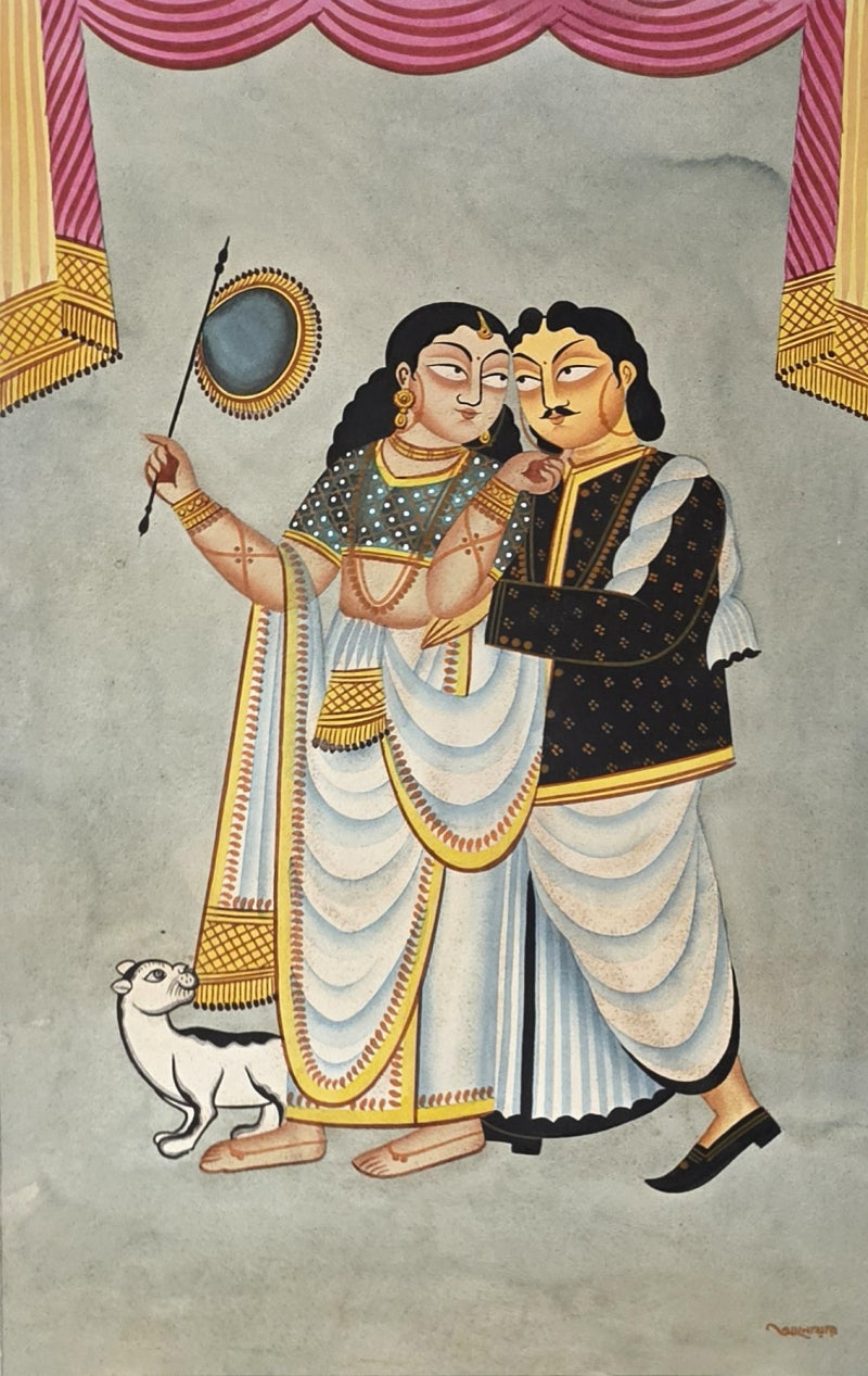 Couple 1' figurative kalighat Traditional Art by artist Anwar Chitrakar, 22x14 inch, on paper