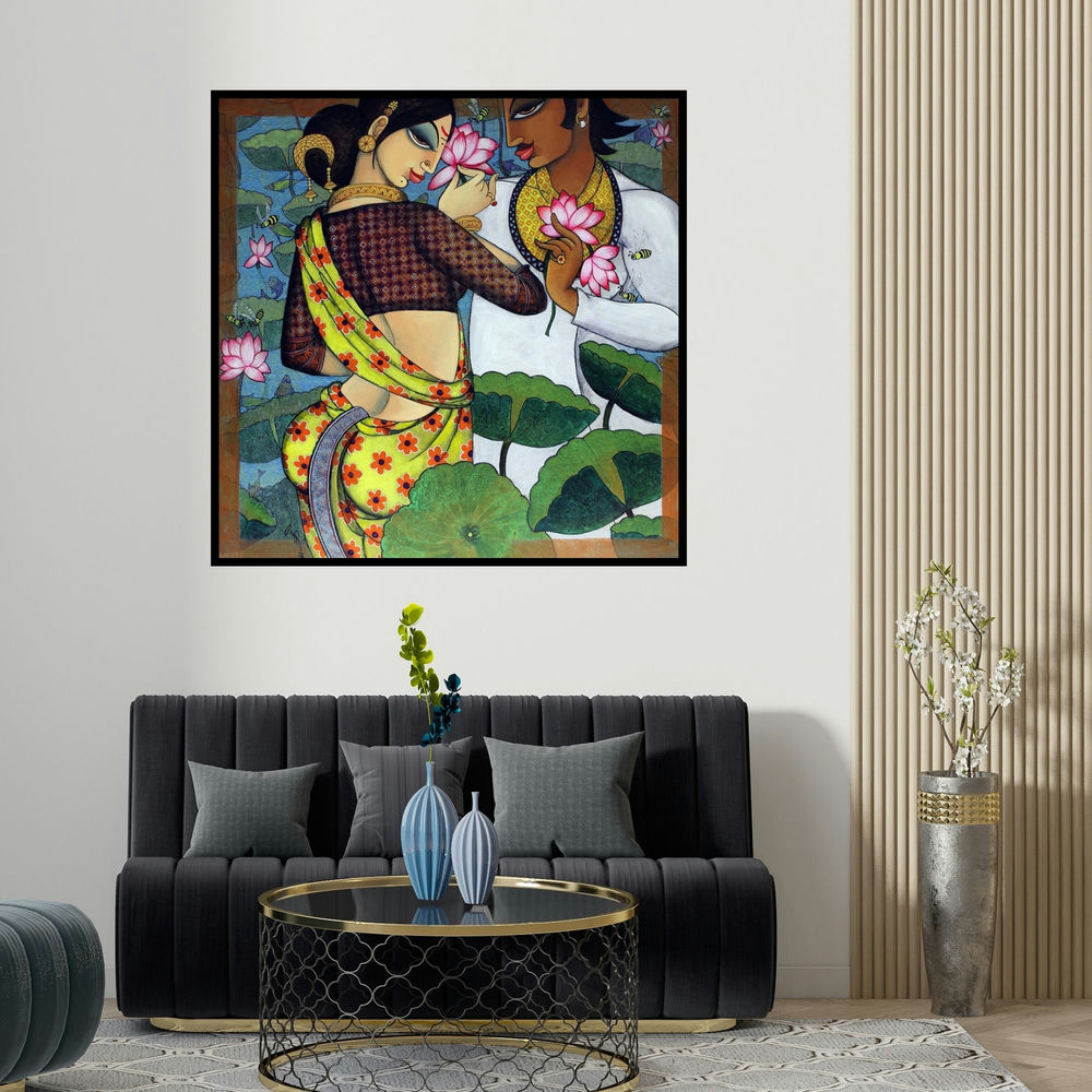 Varsha Kharatamal's 'Couple' painting visualized above a sofa in a contemporary room.