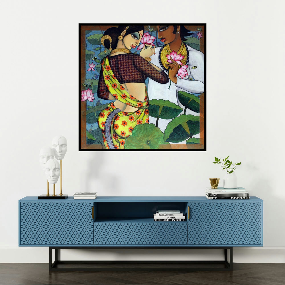 'Couple' painting by Varsha Kharatamal shown on a wall in a furnished room.