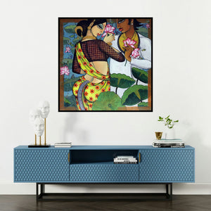 'Couple' painting by Varsha Kharatamal shown on a wall in a furnished room.