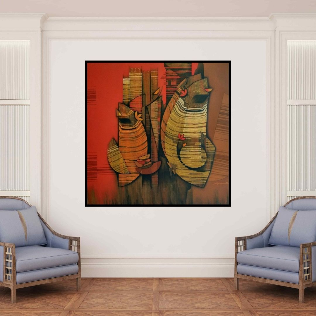 In-situ view of Rahul Dangat's 'Couple (Untitled)' painting in a room