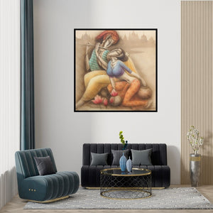 Preview of 'Couple 2' Painting by Ramesh Pachpande shown on a wall in a furnished room.