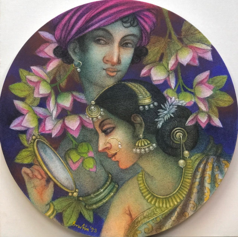 Couple 2' figurative tempera painting by artist Bratin Khan, 24x24 inch, on canvas