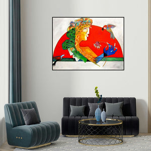 Rajesh Choudhari's 'Couple (A Touch of Melancholy)' painting visualized above a sofa in a contemporary room.