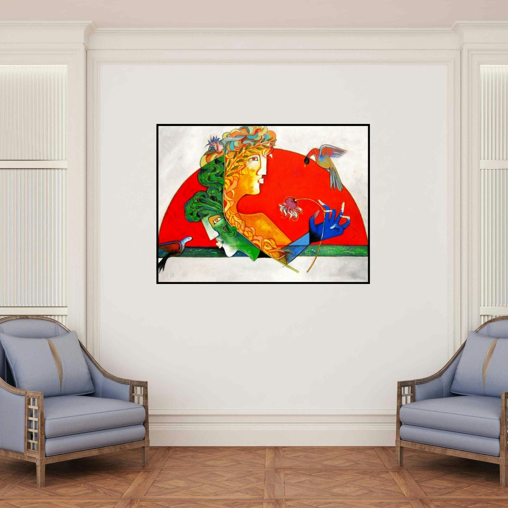 'Couple (A Touch of Melancholy)' painting by Rajesh Choudhari shown on a wall in a furnished room.