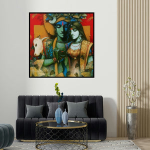 Subrata Das's 'Couple (The Eternal Bond)' painting visualized above a sofa in a contemporary room.
