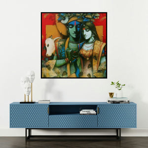 'Couple (The Eternal Bond)' painting by Subrata Das shown on a wall in a furnished room.