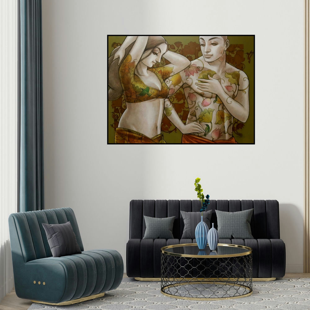 Sukanta Das's 'Couple 3' painting visualized above a sofa in a contemporary room.