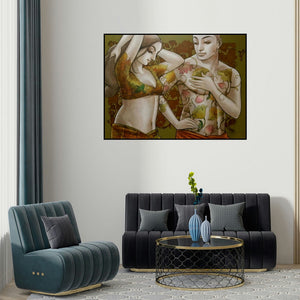Sukanta Das's 'Couple 3' painting visualized above a sofa in a contemporary room.