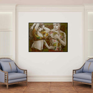 'Couple 3' painting by Sukanta Das shown on a wall in a furnished room.