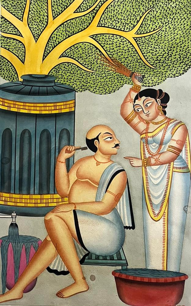 Couple 3' figurative kalighat Traditional Art by artist Anwar Chitrakar, 22x14 inch, on paper
