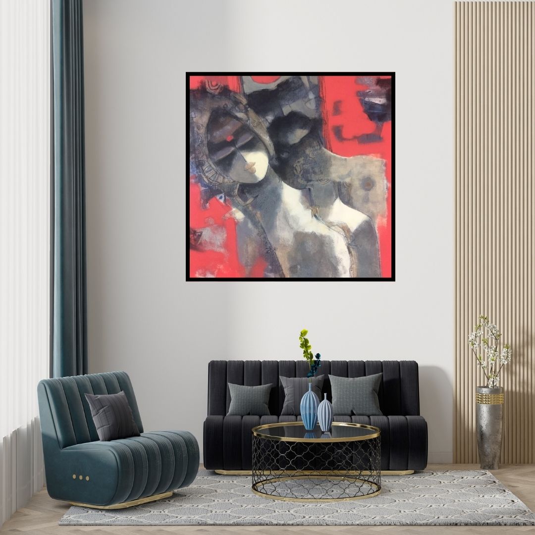 Preview of 'Couple' Painting by Sachin Jaltare shown on a wall in a furnished room.