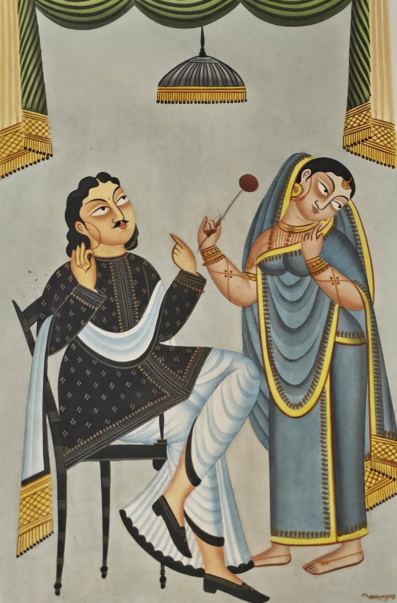 Couple 5' figurative kalighat Traditional Art by artist Anwar Chitrakar, 22x14 inch, on paper