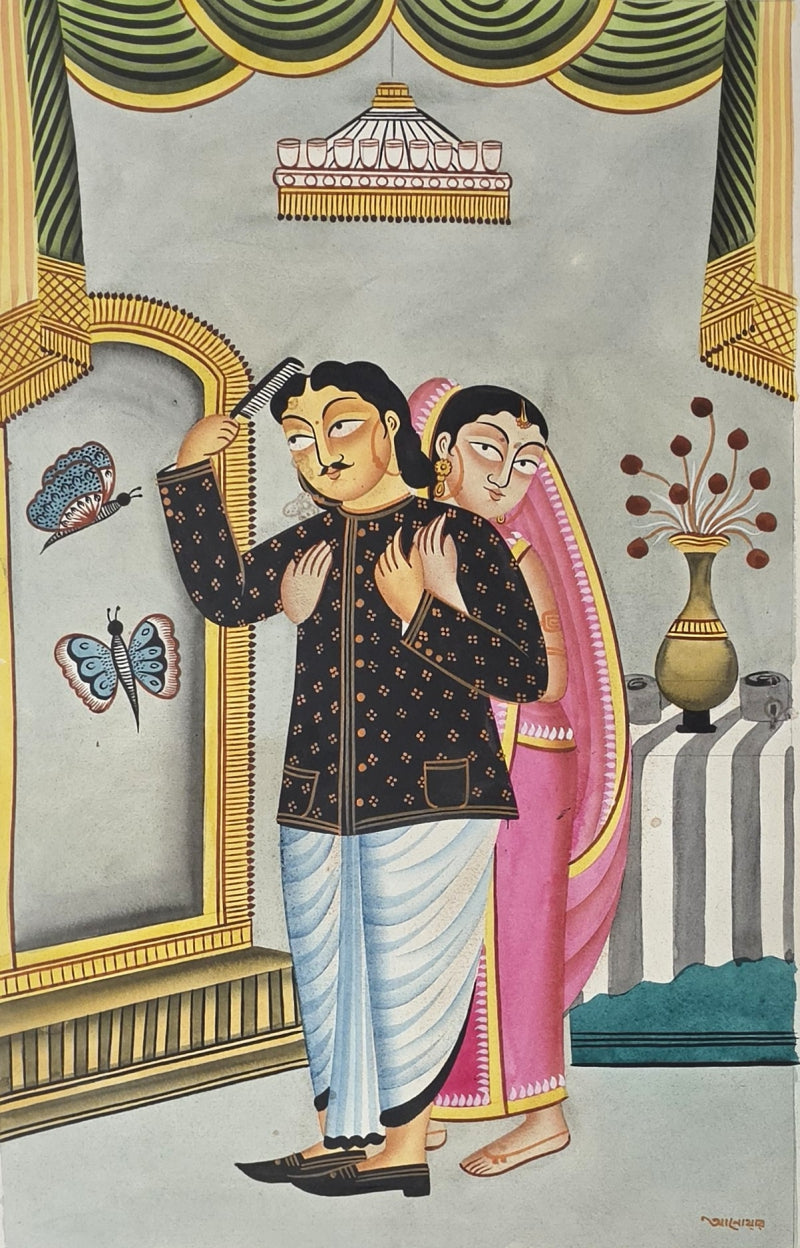 Couple 8' figurative kalighat Traditional Art by artist Anwar Chitrakar, 22x14 inch, on paper