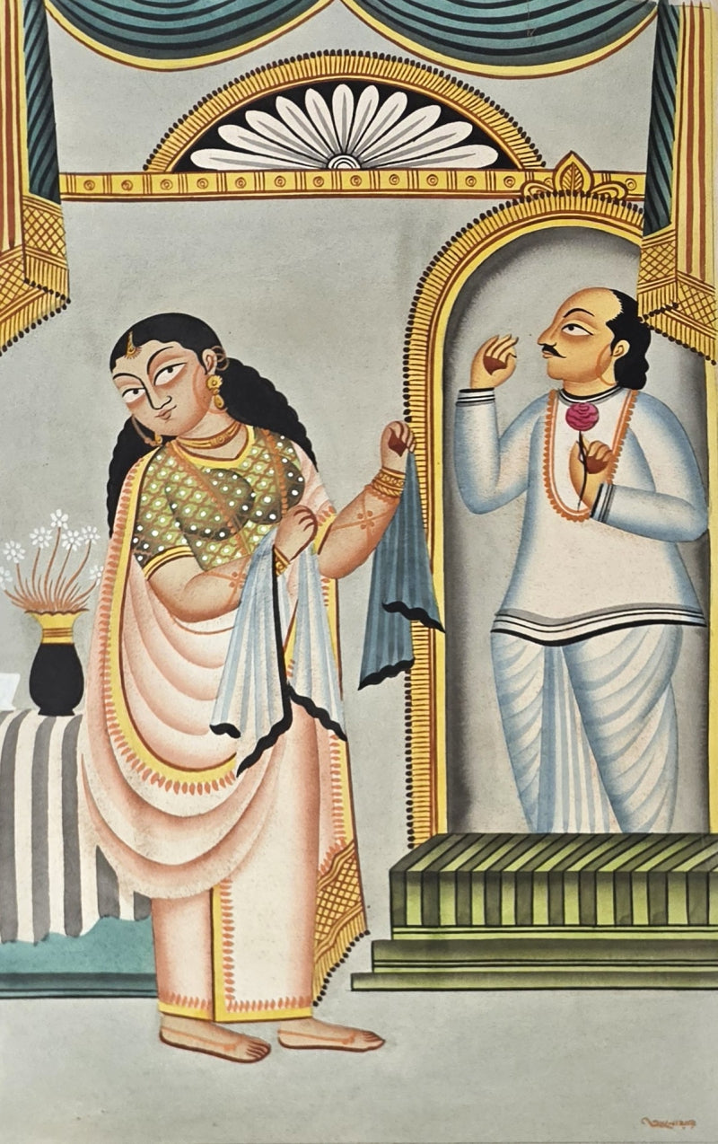 Couple 9' figurative kalighat Traditional Art by artist Anwar Chitrakar, 22x14 inch, on paper