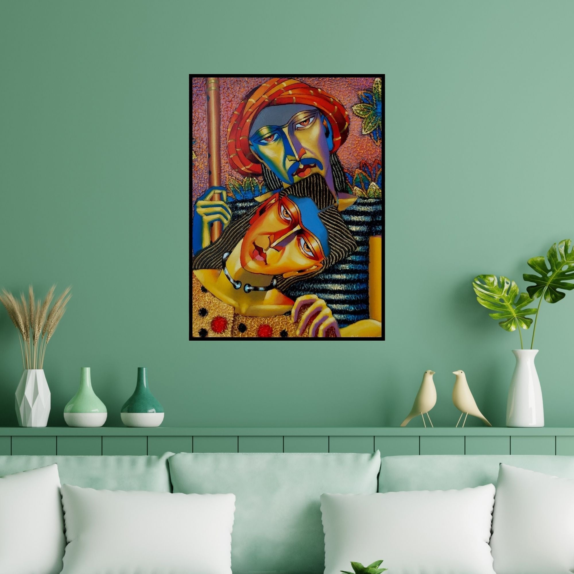 Preview of 'Couple (Couple in Embrace)' Painting by Dayanand Kamakar shown on a wall in a furnished room.