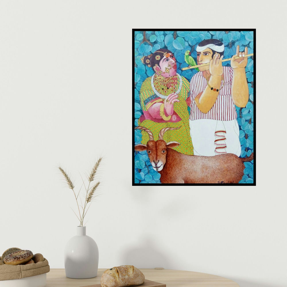 Bhawandla Narahari's 'Couple And Goat 3 (Enchanting Flute)' painting visualized above a sofa in a contemporary room.