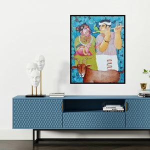 'Couple And Goat 3 (Enchanting Flute)' painting by Bhawandla Narahari shown on a wall in a furnished room.