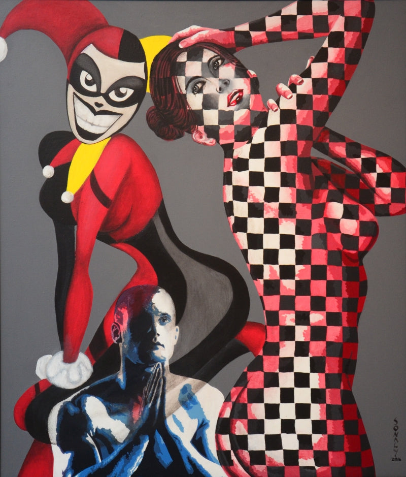 'Couple And The Joker' nude acrylic painting by artist Sonaly Gandhi, 42x36 inch, on canvas