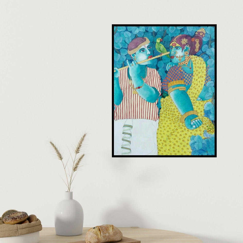 Bhawandla Narahari's 'Couple And Parrot 1' painting visualized above a sofa in a contemporary room.