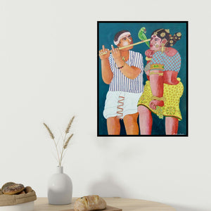 Bhawandla Narahari's 'Couple And Parrot 2 (Embrace of Devotion)' painting visualized above a sofa in a contemporary room.