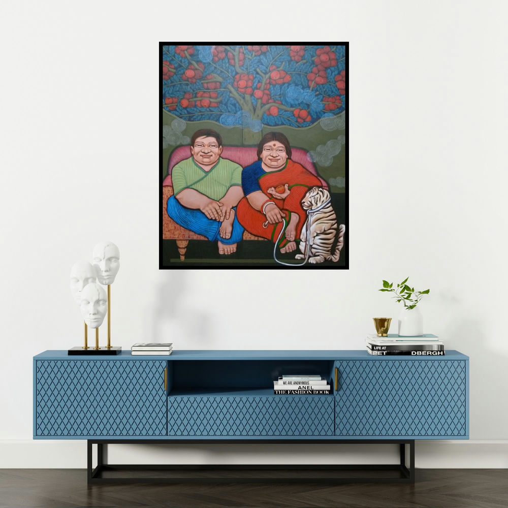 Apurba Karati's 'Couple Final (A Portrait of Apurba Karati)' painting visualized above a sofa in a contemporary room.