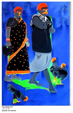 Couple Going To The Market by Tailor Srinivas, Original Acrylic Figurative Painting on Canvas, Medium Vertical Wall Art