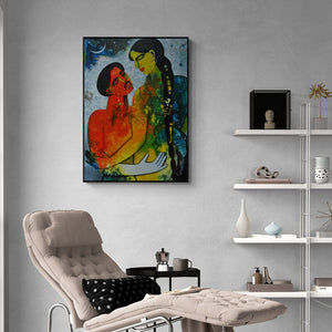 Preview of 'Couple Ii (Soulful Union)' Painting by Appam Raghavendra shown on a wall in a furnished room.