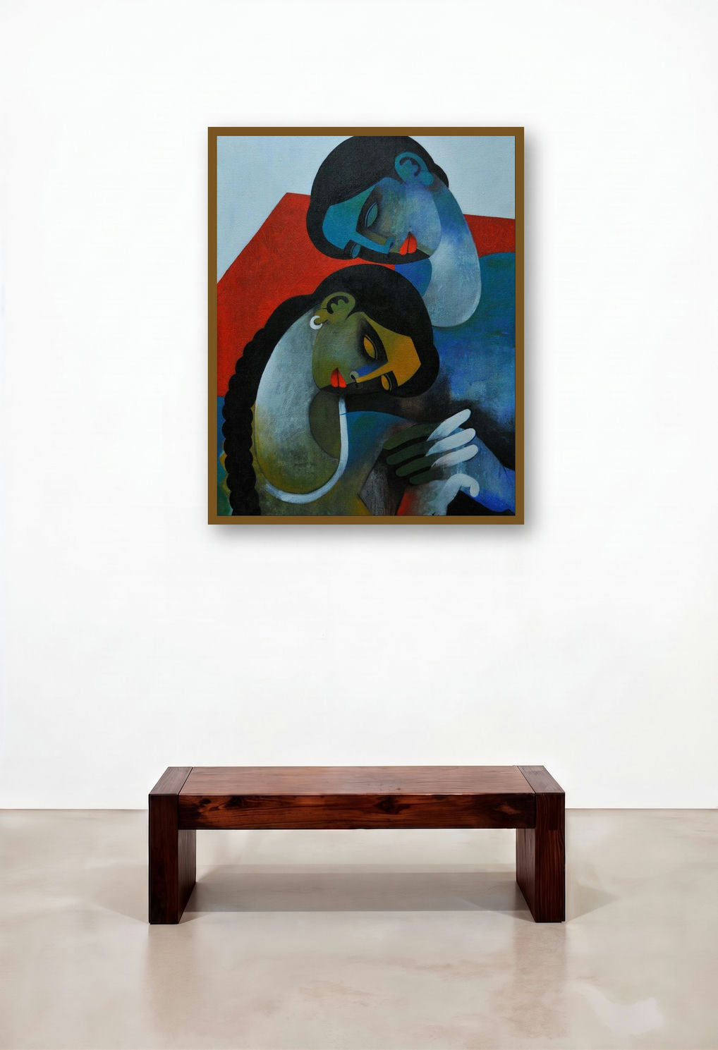 Couple Iii (Shared Solitude) by artist Appam Raghavendra displayed in a Art Deco Reception Area