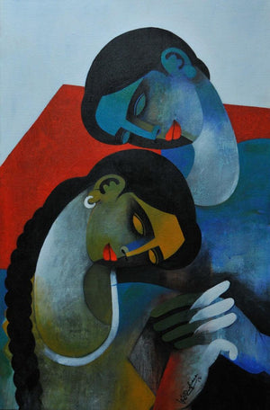 Couple Iii (Shared Solitude) by Appam Raghavendra, Original Acrylic Figurative Painting on Canvas, Medium Vertical Wall Art