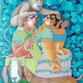 Figurative acrylic painting titled 'Couple monkey and Goat 1', 30x24 inches, by artist Bhawandla Narahari on Canvas