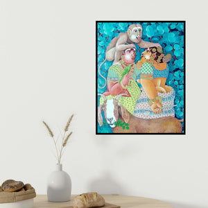 Bhawandla Narahari's 'Couple Monkey And Goat 1 (The Playful Devotees)' painting visualized above a sofa in a contemporary room.