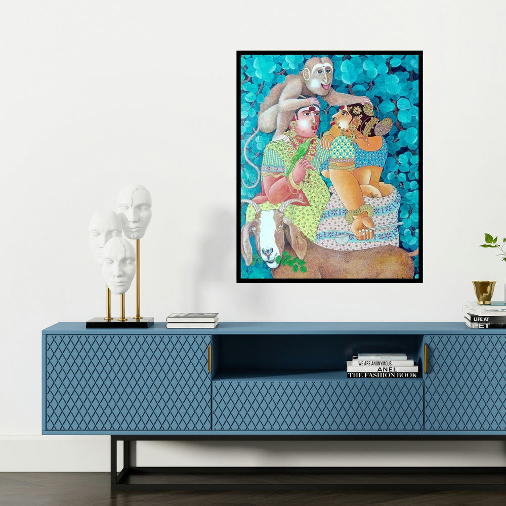 'Couple Monkey And Goat 1 (The Playful Devotees)' painting by Bhawandla Narahari shown on a wall in a furnished room.