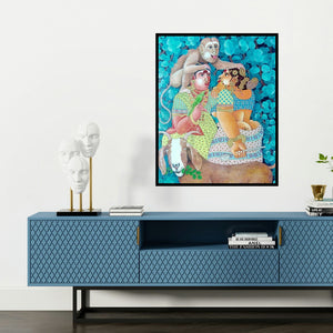 'Couple Monkey And Goat 1 (The Playful Devotees)' painting by Bhawandla Narahari shown on a wall in a furnished room.
