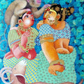 Figurative acrylic painting titled 'Couple monkey and Goat 2', 30x24 inches, by artist Bhawandla Narahari on Canvas