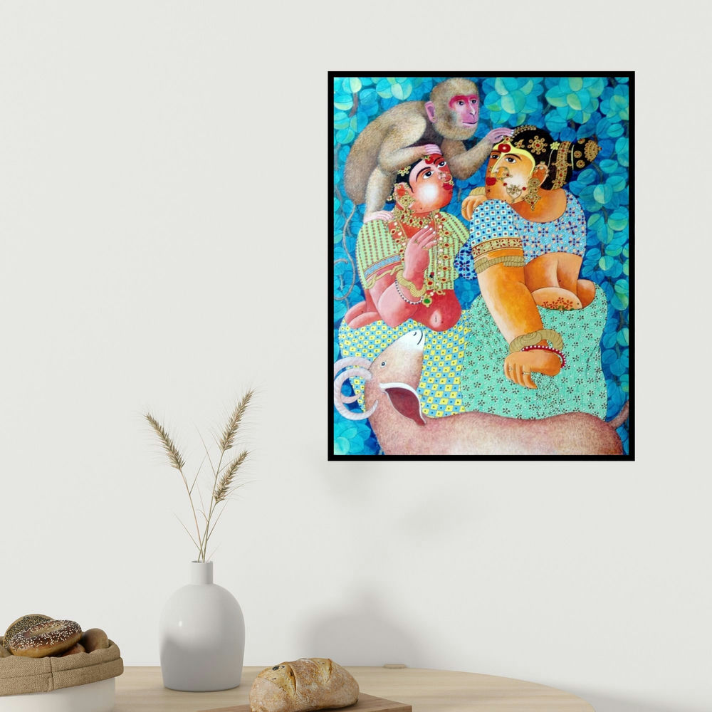 Bhawandla Narahari's 'Couple Monkey And Goat 2' painting visualized above a sofa in a contemporary room.